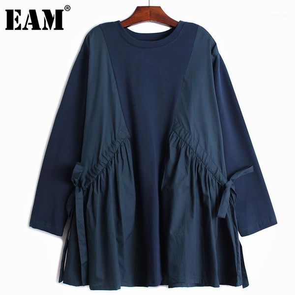 

eam] women dark blue pleated stitch bandage big sizet-shirt new round neck long sleeve fashion tide spring autumn 2020 1z4491, White
