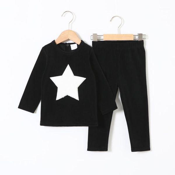 

children clothes 2pcs set velour kids clothes baby boy girls round neck long pants heart star children set 2-5t1, White
