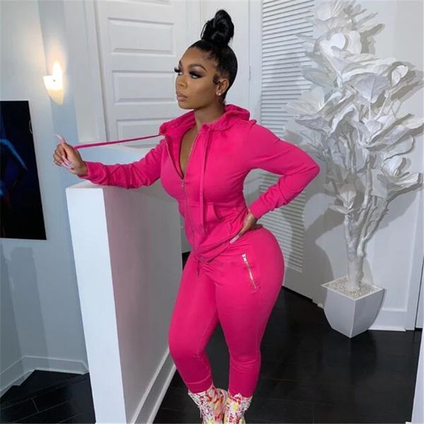 

two piece set women solid color hooded long sleeve zipper pocket slim pants casual sports set female solid tracksuit, Gray