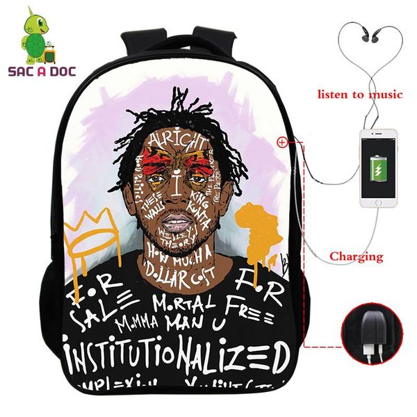 

16 inch backpack bag hip hop rap j cole print boys girls travel school bag usb charging bookbag for teenage lapbackpacks bbyvii
