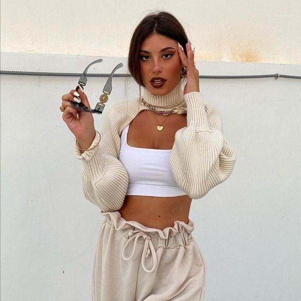 

explosive hollow women's 2020 autumn and winter lantern sleeve high neck wool knit sleeves solid color sweater1, White;black