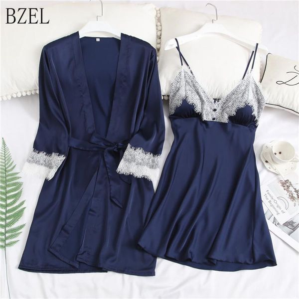 

bzel women lace dress two piece set nightgown silk satin belt robe and slip dress female nightwear lingerie set pyjama suit1, Black;red