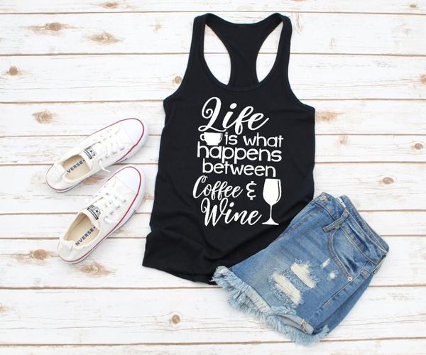 

life is what happens between coffee and wine racerback tank 90s young girl fashion graphic drinking lover vest singlet1, White