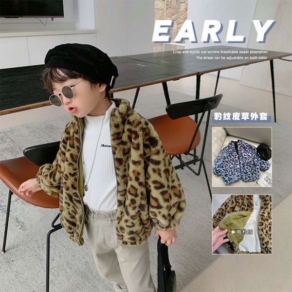 

2020 children's coat muxi winter new men's and women's leopard pattern fur et baby korean short zipper sweater, Black