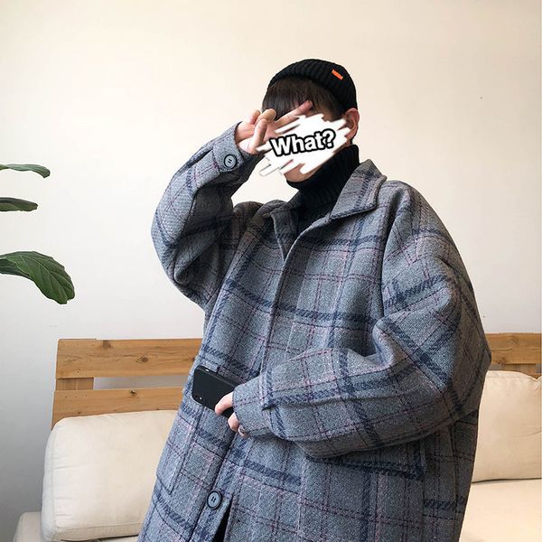 

2021 new winter new men's woolen plaid printed korean streetwear woman fashion warm black coat windbreaker 4yel