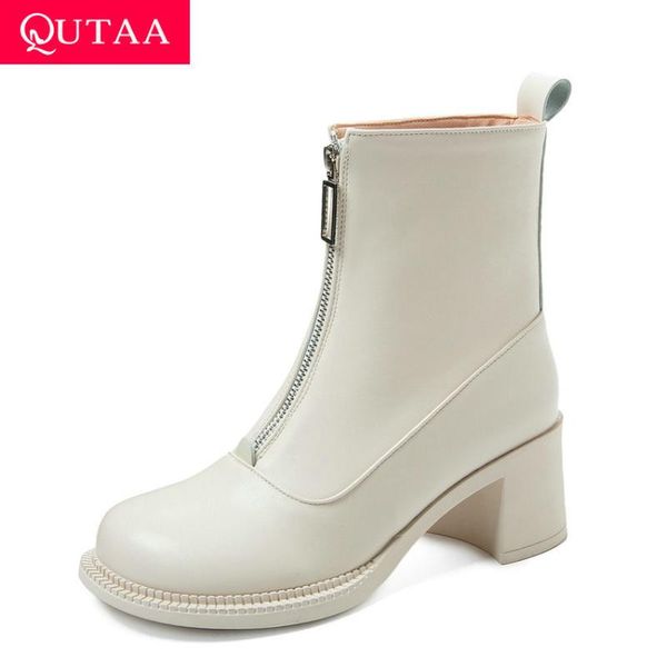 

boots qutaa 2021 casual round toe ankle autumn winter square heel women shoes cow leather front zipper short size 34-40, Black