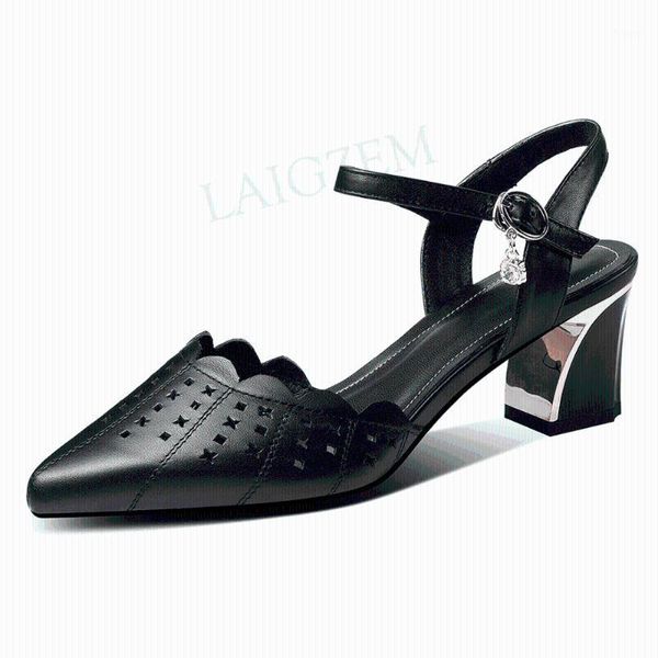 

women sandals genuine leather buckle strap 5.5cm mid heels ladies cut out office concise sandals summer 2020 size 38 421, Black