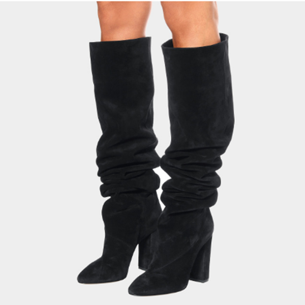 

boots women faux suede over the knee high slouchy pointed toe chunky heel slouch long ladies autumn winter shoes, Black