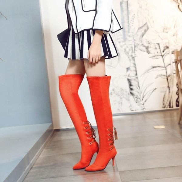 

boots fashion cross-tied thigh high women soft stretch slim long over-the-knee boot heels designer pointed toe shoes women1, Black