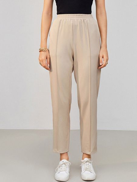 

elastic waist seam front tapered pants y2zm#, Black;white