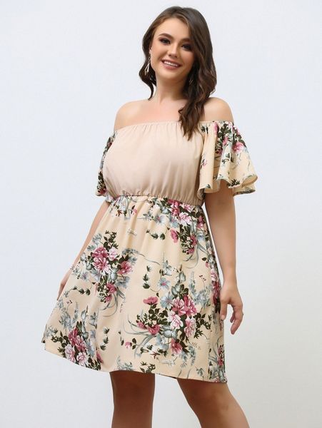 

plus floral print off the shoulder a-line dress c8gv#, Black