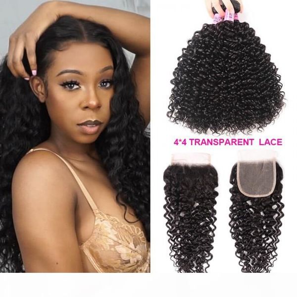 

tkwig brazilian virgin hair 3 bundles with transparent lace closure 100 human hair extensions curly hair, Black;brown