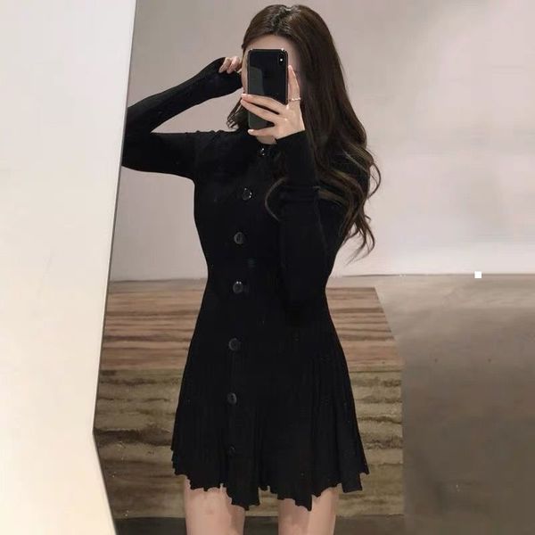 

new 2021 solid spring lean was thin elegant nightgown dressed in knit women's clothing short button chic knitted y228 v1xa baql, Black;gray