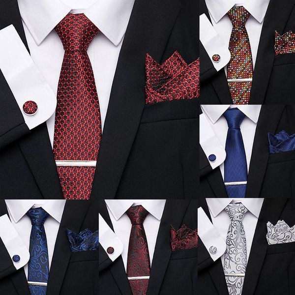 

bow ties classical 7.5cm 100% silk red soild necktie fashion tie clip cuffink handkerchief set formal dress wedding mens gifts, Black;gray