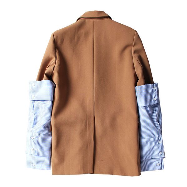 

eam] new spring lapel logn sleeve blue striped removable stitching hit color jacket women coat fashion tide ji825 201013, Black;brown