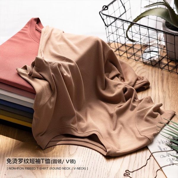 

высокий конец качества женщины оребрением тенниски o шеи morandi colors easy care тройник с коротким рукавом 2020 spring summer vacation wea, White