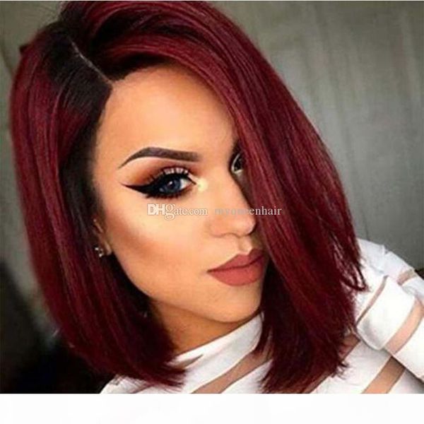 

my queen virgin human hair 1b 99j color straight hd lace bob wigs 150% density ombre color brazilian virgin hair, Black;brown