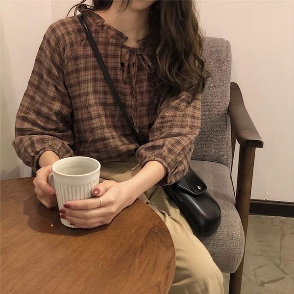 

2021 new spring brown plaid check cotton women blouse shirt turn down collar long sleeve blouse casual loose female, White
