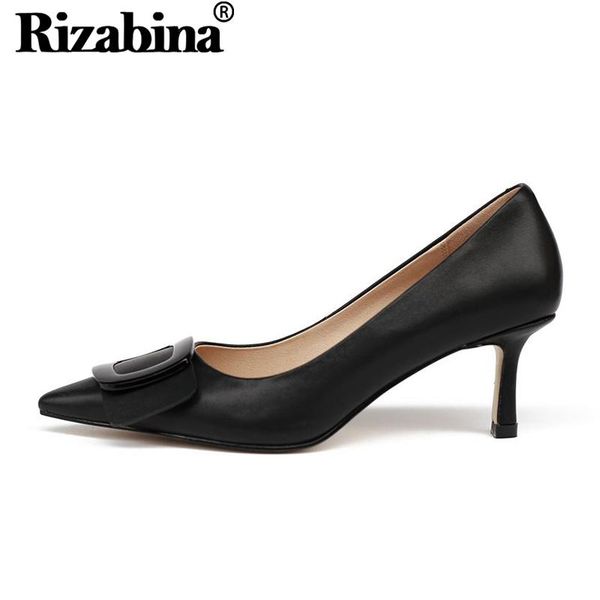 

dress shoes rizabina fashion women pumps mature style pointed toe thin high heels buckle real leather lady footwear size 34-39, Black