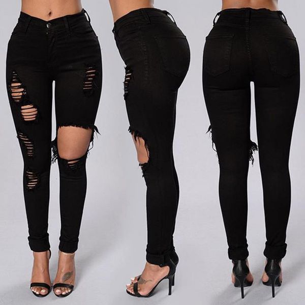 

women fashion ripped jeans high waist big hole elastic long pencil pants tight trousers jeans pantalones vaqueros mujer#25, Blue