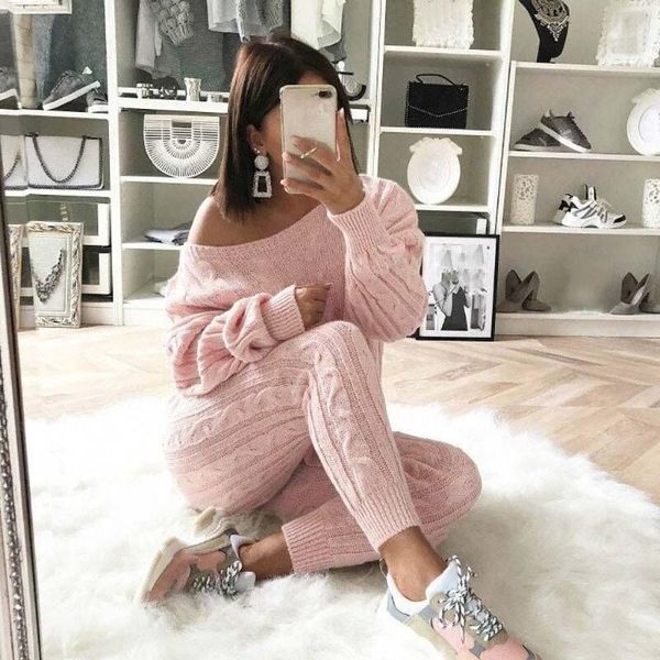 

womens ladies solid off shoulder cable knitted warm 2pc loungewear suit set autumn sweater women 2018 sweater woman winter plaid1, White;black
