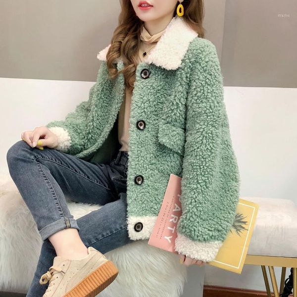 

solid cashmere fufr women coat short turn-down collar single breast lantern sleeved lose thicken warm lady outwear coat jackets1, Black