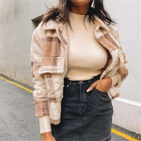 

women's lapel collar woolen short coats plaid long sleeve autumn winter jacket button outerwear, Black;brown