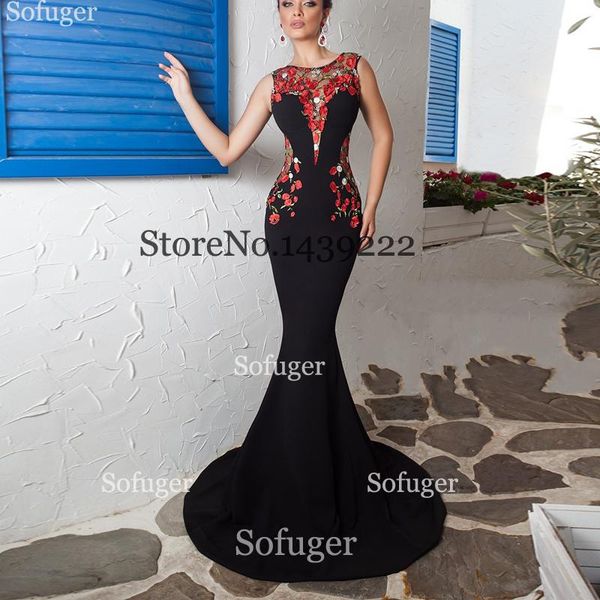 

black scoop long mermaid evening dress strench spandex red flowers saudi arabic wedding special occasion evening formal prom, White;black
