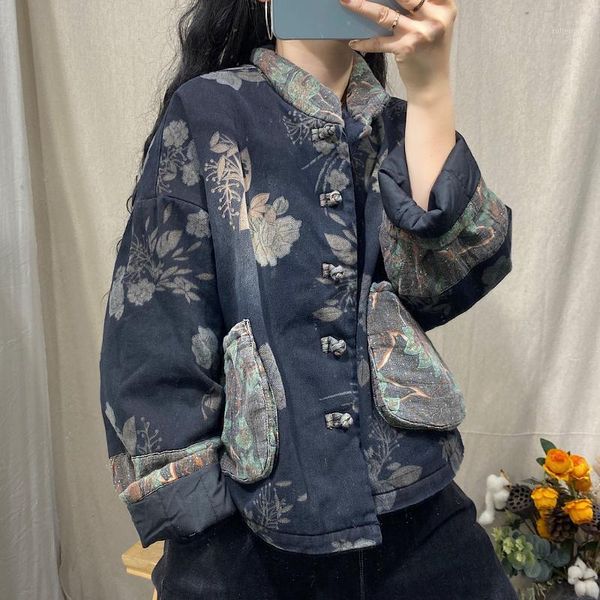 

women winter printed retro denim coat ladies padded coat outerwear female 2020 loose short vintage parkas1, Black