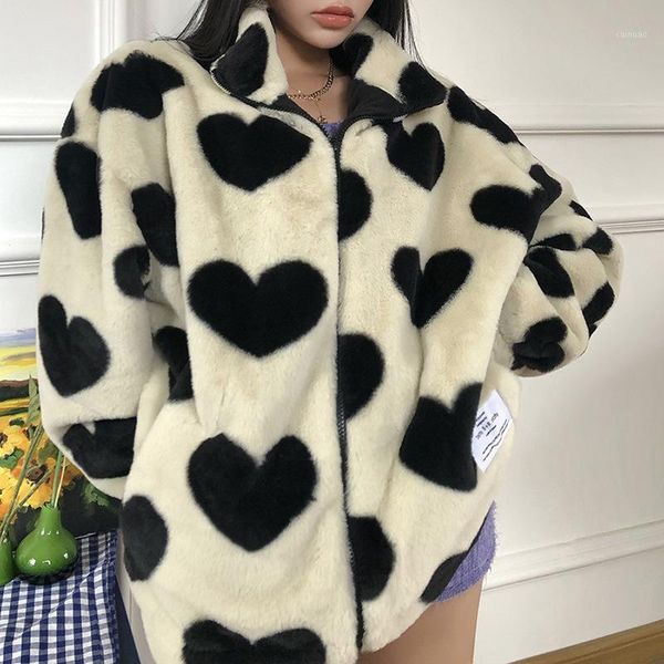

monmoira heart print zipper women faux fur coats winter warm casual harajuku fur jackets and coats female cwf0268-51, Black