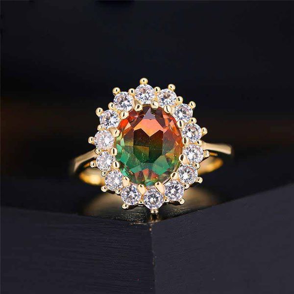 Rot-grüner Stein-Sonnenblumen-Ring für Frauen, Weiß-Gelb-Gold-Farbe, Regenbogen-Feuerkristall, Ehering, Band-Schmuck