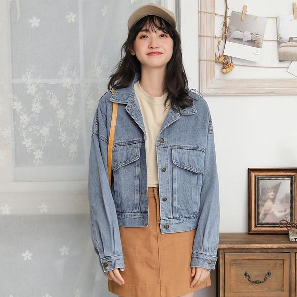 

2021 autumn winter jean jacket women casual long sleeve big pockets jean coats ladies single breasted denim jacket coats, Black;brown