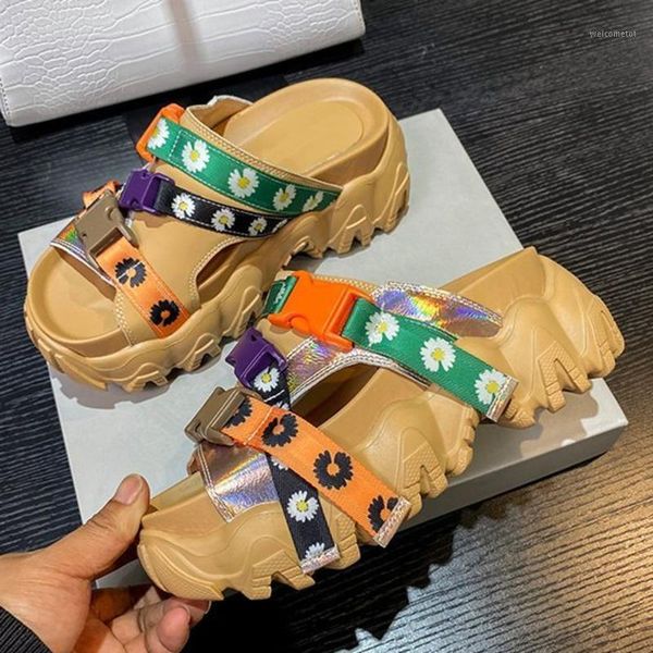 

summer women platform slippers white slipper flower designers beach chunky sandals woman outside casual shoes slides 6cm1, Black