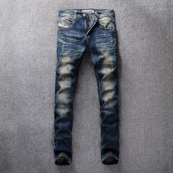 

italian vintage fashion men jeans retro dark blue distressed ripped denim pants slim fit designer cotton trousers1