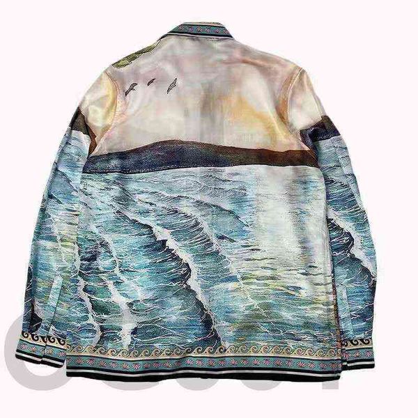 

22 casablanca ocean island lazy wind gradient hawaiian couple fashion long sleeve shirt, White;black