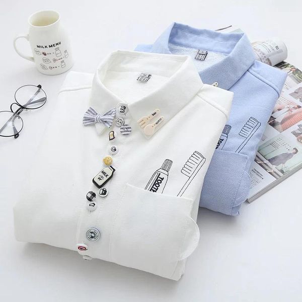 

sweet bow knot multi-button embroidery plus velvet shirt girl thick long-sleeved shirt warm women1, White