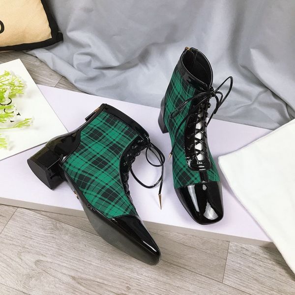 

women boots plaid printed platform flat ankle boots black white leather square cloth lace-up winter shoes motorcycle