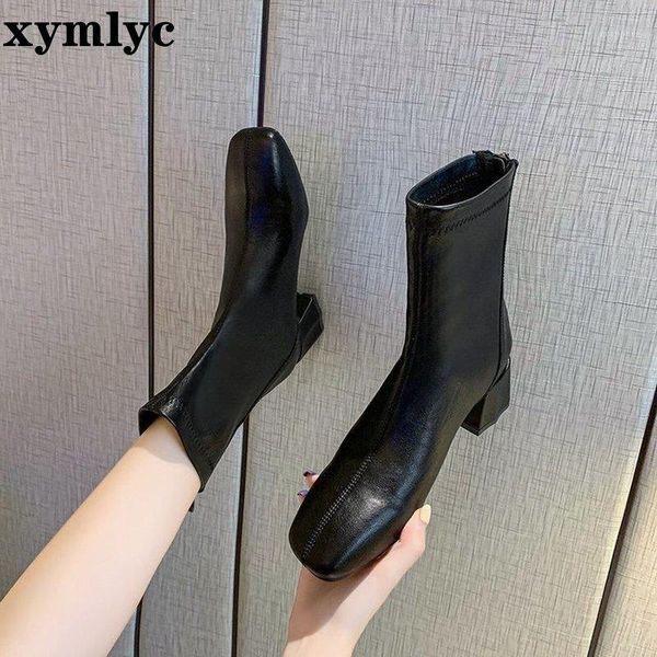 

2020 elegant women beige thick high heels ankle boots designer soft leather zippers sock boots vintage lady low heel shoes1, Black