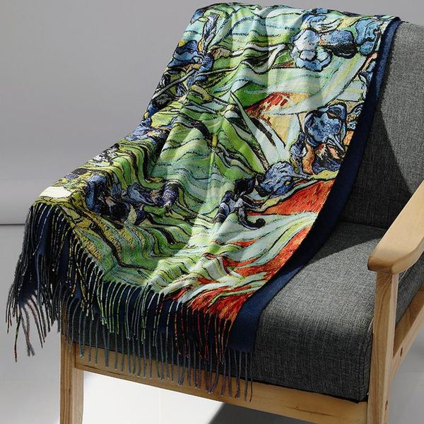 

scarves luxury women shawl for winter brand designer warm long cashmere double faces ladies oil painting wraps, Blue;gray