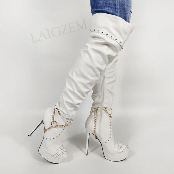 

dobaner platform boots high heeled boots over knee chains ladies shoes woman donne stivali large size 42 44 50 52, Black