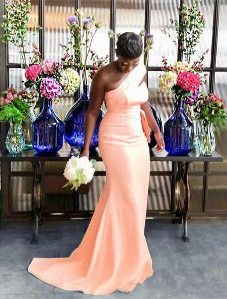 

new peach pink mermaid bridesmaid dresses one shoulder pleats garden long custom plus size wedding guest gowns maid of honor dresses, White;pink