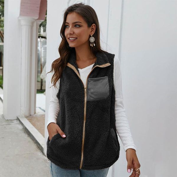 

plush coat winter warm jacket fashion solid color vest coats turn-down collar pull sans manche women black clothes streetwear, Black;white