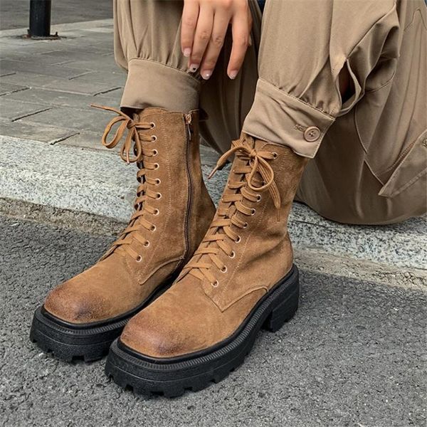

pxelena retro cow suede combat boots women chunky med heels autumn 2020 shoes lady biker motorcycle punk rock gothic boots 34-41, Black
