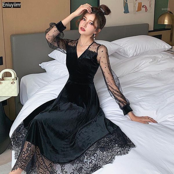 

women 2021 new year winter spring patchwork sheer mesh french black long elegant party velvet dress1, Black;gray