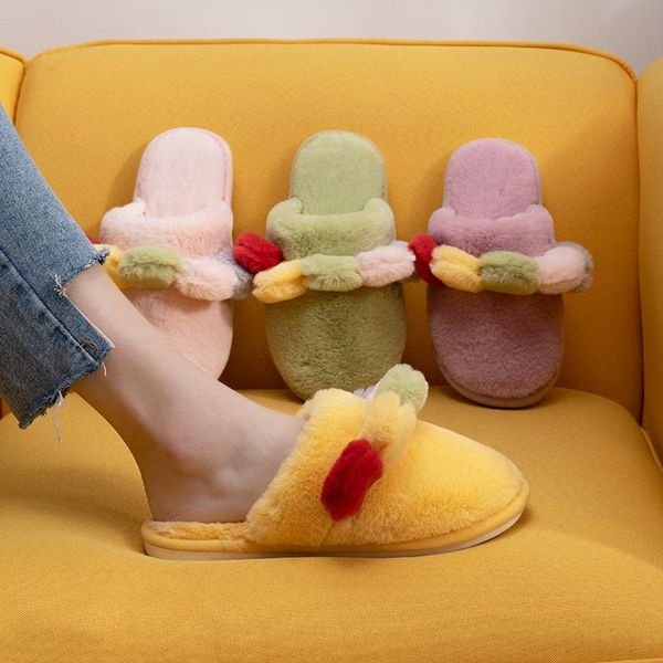 

slippers winter women house faux fur fashion warm shoes woman slip on flats female slides black pink cozy home furry 40