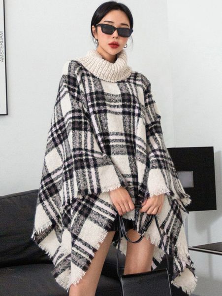 

dazy plaid turtleneck fringe trim poncho overcoat c3ts#, Black