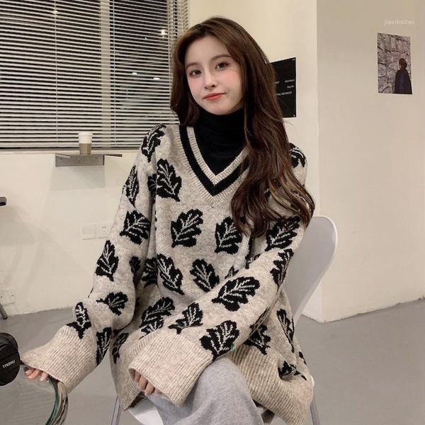 

sweaters women's clothing autumn and winter outer wear loose 020 new internet v-neck pullover retro hong kong style1, White;black