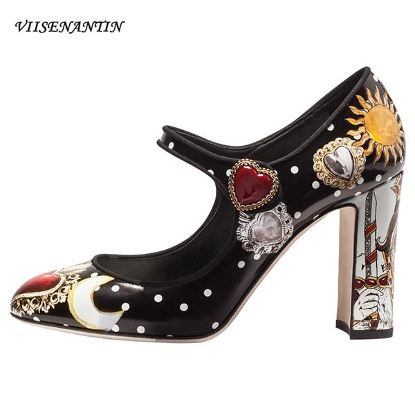 

viisenantin натуральной кожи женских насосы обуви ретро стиль коренастых пяток цветок печать lady mary janes обувь love heart люкс чистка lj, Black