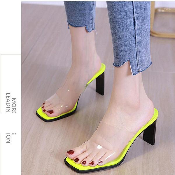 

2020 chunky flip flops slides women high heels mules summer sandals block low heels slippers transparent flip flops ljb1481, Black