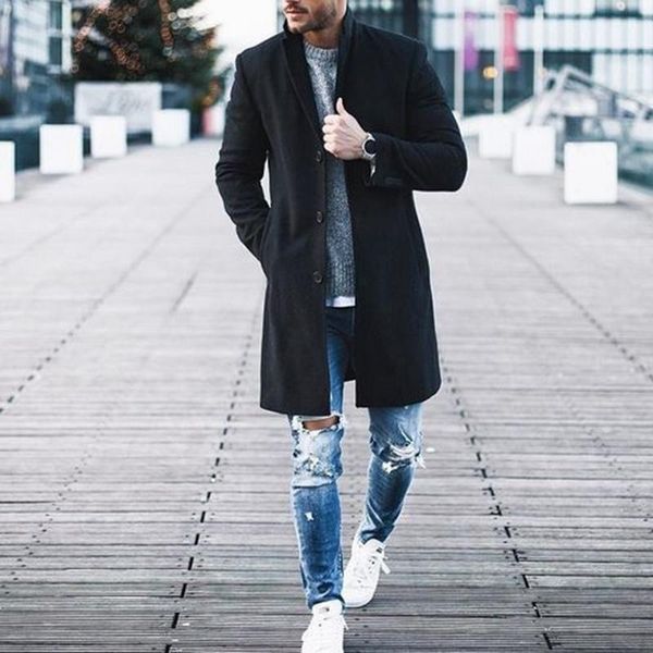 

men's wool & blends laamei mens trench coat autumn winter long jacket solid woolen male overcoat casual slim fit business coats streetw, Black